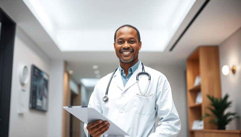 A healthcare provider in a white lab coat, standing in a modern, well-lit medical office. The provider has a warm, approachable expression and is holding a clipboard, ready to discuss a patient's health concerns. The background features clean, minimalist decor with neutral tones, creating a calm and professional atmosphere. The lighting is soft and directional, highlighting the provider's face and creating subtle shadows that add depth and dimension to the scene. The camera angle is slightly elevated, giving a sense of authority and expertise. The overall mood is one of trust, empathy, and a dedication to providing high-quality care. A healthcare provider in a white lab coat, standing in a modern, well-lit medical office. The provider has a warm, approachable expression and is holding a clipboard, ready to discuss a patient's health concerns. The background features clean, minimalist decor with neutral tones, creating a calm and professional atmosphere. The lighting is soft and directional, highlighting the provider's face and creating subtle shadows that add depth and dimension to the scene. The camera angle is slightly elevated, giving a sense of authority and expertise. The overall mood is one of trust, empathy, and a dedication to providing high-quality care.
