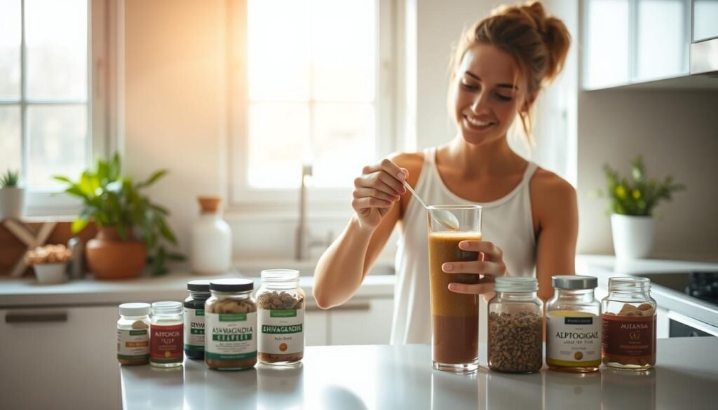 A healthy, vibrant person standing in a bright, sunlit kitchen, carefully measuring and mixing an array of natural adaptogenic herbs and supplements into a glass of water or smoothie. The person's expression is calm and focused, conveying a sense of intentionality and mindfulness. The kitchen countertop is clean and organized, with jars of various adaptogens, such as ashwagandha, rhodiola, and ginseng, arranged neatly. Warm, diffused lighting from large windows casts a soothing glow over the scene. The overall atmosphere is one of wellness, balance, and the thoughtful incorporation of adaptogens into a daily self-care routine. A healthy, vibrant person standing in a bright, sunlit kitchen, carefully measuring and mixing an array of natural adaptogenic herbs and supplements into a glass of water or smoothie. The person's expression is calm and focused, conveying a sense of intentionality and mindfulness. The kitchen countertop is clean and organized, with jars of various adaptogens, such as ashwagandha, rhodiola, and ginseng, arranged neatly. Warm, diffused lighting from large windows casts a soothing glow over the scene. The overall atmosphere is one of wellness, balance, and the thoughtful incorporation of adaptogens into a daily self-care routine.