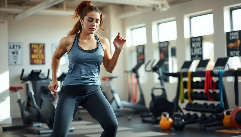 A high-intensity exercise session for a person with PCOS, captured in a dynamic, energetic scene. The foreground features a woman in athletic wear performing jumping jacks, her face determined and focused. The middle ground shows a variety of exercise equipment, including a stationary bike, kettlebells, and resistance bands. The background depicts a modern, well-lit gym interior with motivational posters on the walls. The lighting is bright and natural, creating a sense of vibrancy and empowerment. The overall mood conveys the benefits of high-intensity exercise for managing PCOS, challenging the myth that such workouts are off-limits. A high-intensity exercise session for a person with PCOS, captured in a dynamic, energetic scene. The foreground features a woman in athletic wear performing jumping jacks, her face determined and focused. The middle ground shows a variety of exercise equipment, including a stationary bike, kettlebells, and resistance bands. The background depicts a modern, well-lit gym interior with motivational posters on the walls. The lighting is bright and natural, creating a sense of vibrancy and empowerment. The overall mood conveys the benefits of high-intensity exercise for managing PCOS, challenging the myth that such workouts are off-limits.