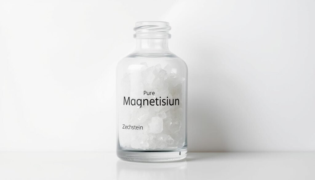 A high-quality, close-up photograph of a transparent glass bottle filled with pure Zechstein magnesium crystals, set against a clean, minimalist white background. The lighting is soft and diffused, highlighting the natural translucency and purity of the magnesium. The bottle has a sleek, modern design, with a simple label that emphasizes the "Zechstein" origin. The overall composition and styling convey a sense of quality, trustworthiness, and scientific rigor, suitable for an article on the benefits of transdermal magnesium. A high-quality, close-up photograph of a transparent glass bottle filled with pure Zechstein magnesium crystals, set against a clean, minimalist white background. The lighting is soft and diffused, highlighting the natural translucency and purity of the magnesium. The bottle has a sleek, modern design, with a simple label that emphasizes the "Zechstein" origin. The overall composition and styling convey a sense of quality, trustworthiness, and scientific rigor, suitable for an article on the benefits of transdermal magnesium.