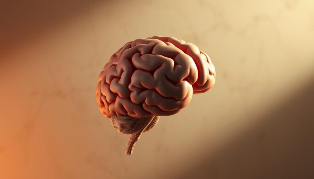A high-resolution, detailed digital illustration of the human amygdala, a small, almond-shaped structure deep within the brain's temporal lobe. The amygdala is prominently featured, rendered with intricate anatomical accuracy, pulsing with neural activity and a sense of heightened emotional arousal. The background is a subtly textured, muted backdrop, allowing the amygdala to be the central focus. Soft, warm lighting from the side casts dramatic shadows, emphasizing the structure's complex folds and contours. The overall mood is one of intensity, anxiety, and the neural mechanisms underlying the experience of fear and anxiety.
