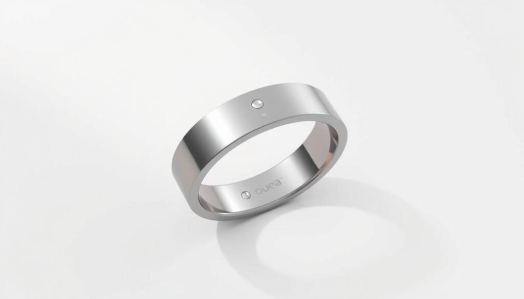 A high-resolution, photorealistic rendering of the Oura smart ring resting on a minimalist, white background. The ring is displayed in a slightly elevated position, allowing for a clear view of its sleek, titanium design and discreet sensor array. Soft, diffused lighting from an unseen source creates subtle shadows and highlights the ring's refined aesthetic. The overall composition conveys a sense of technological sophistication and the ring's ability to seamlessly integrate into the user's daily life, reflecting the device's purpose of discreetly tracking various health and wellness metrics.