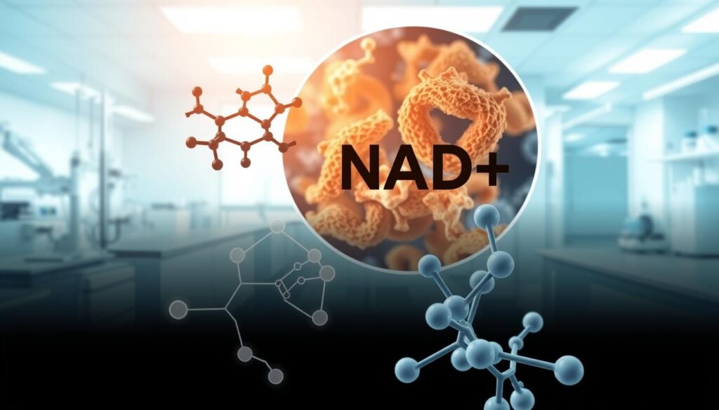 A high-resolution, scientifically accurate illustration showcasing the fundamental elements of NAD+ research. In the foreground, a detailed diagram of the molecular structure of NAD+ and its key enzymatic interactions. In the middle ground, a microscopic view of cellular processes involving NAD+, such as mitochondrial function and DNA repair. In the background, a clean, neutral laboratory setting with modern scientific equipment, conveying a sense of diligent, cutting-edge research. The overall scene should have a cool, clinical color palette, bright yet focused lighting, and a sense of depth and attention to detail that brings the scientific concepts to life. A high-resolution, scientifically accurate illustration showcasing the fundamental elements of NAD+ research. In the foreground, a detailed diagram of the molecular structure of NAD+ and its key enzymatic interactions. In the middle ground, a microscopic view of cellular processes involving NAD+, such as mitochondrial function and DNA repair. In the background, a clean, neutral laboratory setting with modern scientific equipment, conveying a sense of diligent, cutting-edge research. The overall scene should have a cool, clinical color palette, bright yet focused lighting, and a sense of depth and attention to detail that brings the scientific concepts to life.