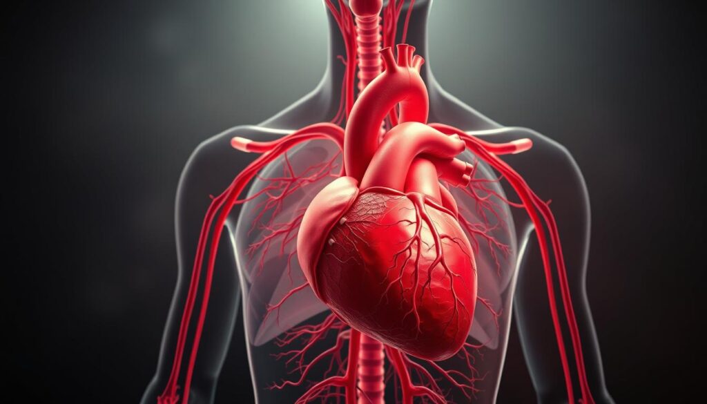 A highly detailed, anatomically accurate illustration of the human cardiovascular system, focused on the representation of blood pressure. The foreground depicts the heart, arteries, and veins in striking detail, with a clear visual emphasis on the pathways of blood flow and the mechanics of blood pressure regulation. The middle ground showcases the lungs and respiratory system, highlighting the interconnectedness of cardiovascular and respiratory function. The background features a serene, dimly lit environment, utilizing muted tones and soft lighting to create a contemplative, introspective atmosphere, evoking the meditative aspects of Qigong practice. The overall composition conveys a sense of balance, harmony, and the vital importance of the cardiovascular system in sustaining life-force energy. A highly detailed, anatomically accurate illustration of the human cardiovascular system, focused on the representation of blood pressure. The foreground depicts the heart, arteries, and veins in striking detail, with a clear visual emphasis on the pathways of blood flow and the mechanics of blood pressure regulation. The middle ground showcases the lungs and respiratory system, highlighting the interconnectedness of cardiovascular and respiratory function. The background features a serene, dimly lit environment, utilizing muted tones and soft lighting to create a contemplative, introspective atmosphere, evoking the meditative aspects of Qigong practice. The overall composition conveys a sense of balance, harmony, and the vital importance of the cardiovascular system in sustaining life-force energy.