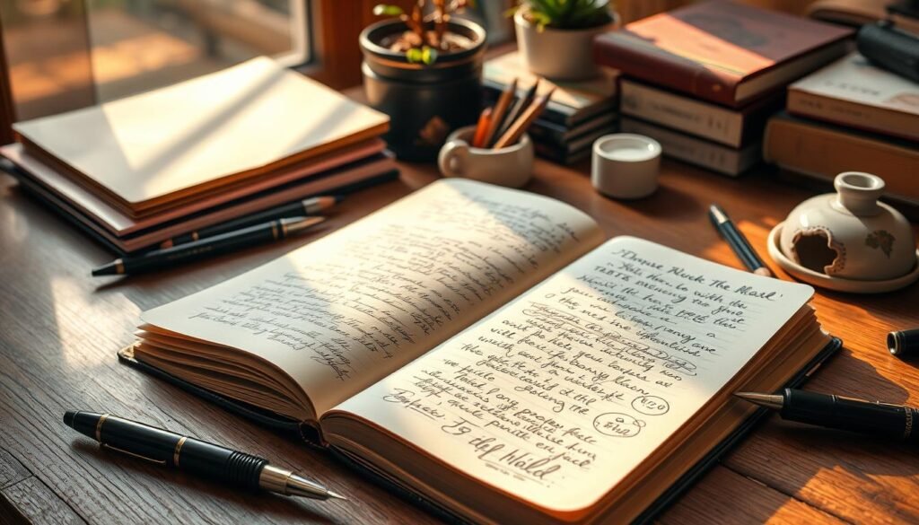 A journal lies open on a wooden desk, illuminated by warm, natural lighting from a nearby window. The pages are filled with handwritten notes, sketches, and doodles, capturing the writer's thoughts, ideas, and reflections. Surrounding the journal are various writing implements, including a fountain pen, a set of colored pencils, and a small ceramic inkwell. The desk itself is slightly cluttered, with a few potted plants and a stack of reference books, creating a cozy, contemplative atmosphere. The overall scene conveys a sense of focused, introspective journaling practice, where the writer finds solace and inspiration in the simple act of putting pen to paper.