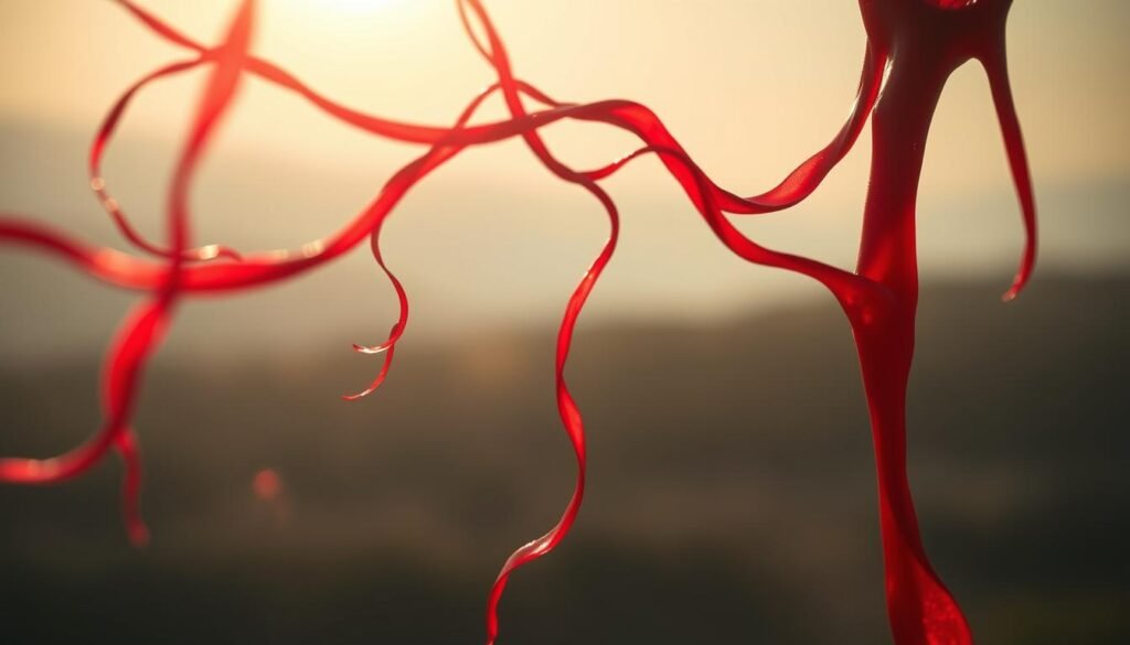 A luminous, fluid depiction of menstrual flow, symbolizing the cyclical rhythms of the body. In the foreground, crimson tendrils undulate gracefully, suggesting the natural ebb and flow of this monthly process. The middle ground features a soft, hazy glow, casting a warm, inviting light on the scene. In the background, a serene, abstracted landscape hints at the deeper Ayurvedic principles underlying this natural phenomenon. The overall mood is one of reverence and appreciation for the female form and its inherent wisdom. Captured through a wide-angle lens with a shallow depth of field, the image conveys a sense of intimate, embodied experience. A luminous, fluid depiction of menstrual flow, symbolizing the cyclical rhythms of the body. In the foreground, crimson tendrils undulate gracefully, suggesting the natural ebb and flow of this monthly process. The middle ground features a soft, hazy glow, casting a warm, inviting light on the scene. In the background, a serene, abstracted landscape hints at the deeper Ayurvedic principles underlying this natural phenomenon. The overall mood is one of reverence and appreciation for the female form and its inherent wisdom. Captured through a wide-angle lens with a shallow depth of field, the image conveys a sense of intimate, embodied experience.