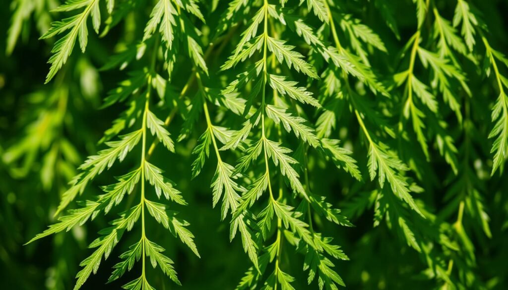 A lush, close-up view of vibrant green moringa leaves, their long, slender, and deeply textured shapes creating a striking visual. The leaves are illuminated by soft, natural lighting, casting gentle shadows that accentuate their intricate veining and delicate serrated edges. The background is a blurred, out-of-focus setting, allowing the moringa foliage to take center stage and command the viewer's attention. The overall composition conveys a sense of freshness, vitality, and the health-promoting properties of this remarkable Ayurvedic herb. A lush, close-up view of vibrant green moringa leaves, their long, slender, and deeply textured shapes creating a striking visual. The leaves are illuminated by soft, natural lighting, casting gentle shadows that accentuate their intricate veining and delicate serrated edges. The background is a blurred, out-of-focus setting, allowing the moringa foliage to take center stage and command the viewer's attention. The overall composition conveys a sense of freshness, vitality, and the health-promoting properties of this remarkable Ayurvedic herb.