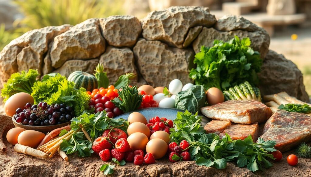 A lush, earthy landscape featuring an array of paleolithic-inspired whole foods. In the foreground, a bountiful display of seasonal produce - vibrant leafy greens, crisp root vegetables, and succulent berries. The middle ground showcases various protein sources, including free-range eggs, wild-caught fish, and grass-fed meat. In the background, a rugged stone formation creates a natural, rustic ambiance, illuminated by warm, diffused natural lighting that casts a soft, golden glow over the scene. The overall atmosphere evokes a sense of simplicity, balance, and a return to the fundamental elements of a nourishing, ancestral diet.