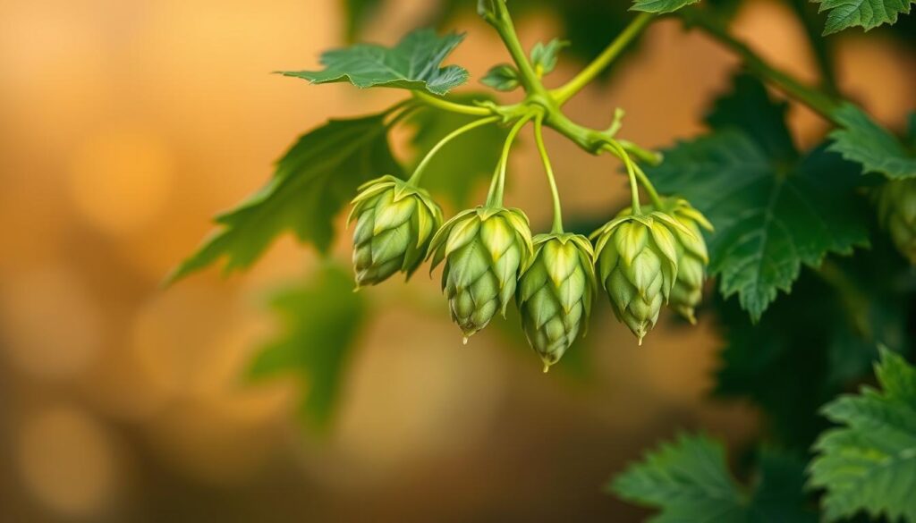 A lush, verdant hop plant unfurling its vines, with delicate, cone-shaped flowers gently swaying in the soft, diffused light. The plant's intricate, weblike structure is captured in vivid detail, showcasing the intricate network of stems and leaves that evoke the interconnected nature of the nervous system. The background is a soothing, warm-toned abstract, creating a calming, contemplative atmosphere that reflects the traditional use of hops as a natural remedy for nervous system support. Captured with a shallow depth of field, the focus is drawn to the delicate hop flowers, emphasizing their medicinal properties and the plant's role in traditional herbal remedies. A lush, verdant hop plant unfurling its vines, with delicate, cone-shaped flowers gently swaying in the soft, diffused light. The plant's intricate, weblike structure is captured in vivid detail, showcasing the intricate network of stems and leaves that evoke the interconnected nature of the nervous system. The background is a soothing, warm-toned abstract, creating a calming, contemplative atmosphere that reflects the traditional use of hops as a natural remedy for nervous system support. Captured with a shallow depth of field, the focus is drawn to the delicate hop flowers, emphasizing their medicinal properties and the plant's role in traditional herbal remedies.