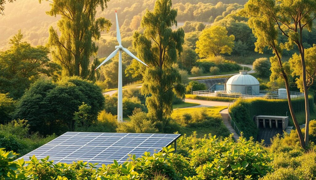 A lush, verdant landscape with towering trees, thriving plants, and a vibrant array of sustainable energy sources. In the foreground, a solar panel array stands tall, harnessing the sun's rays. In the middle ground, a wind turbine spins gracefully, capturing the gentle breeze. In the background, a biogas digester and a small hydroelectric dam blend seamlessly into the natural surroundings, showcasing the harmonious integration of renewable energy systems. The scene is bathed in warm, golden light, creating a serene and inviting atmosphere that highlights the beauty and sustainability of these vital energy sources.
