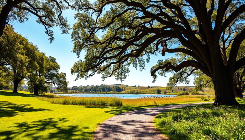 A lush, verdant park on a bright, sunny day. In the foreground, a winding gravel path leads the eye through a serene landscape of towering oak trees, their branches casting a dappled pattern of light and shadow across the ground. In the middle ground, a tranquil pond reflects the azure sky above, its surface interrupted by the graceful movements of waterfowl. In the distance, rolling hills covered in a tapestry of wildflowers and tall grasses stretch out to the horizon, giving a sense of peaceful expansiveness. The scene is bathed in a warm, golden light, creating a calming, restorative atmosphere that invites the viewer to slow down, breathe deeply, and immerse themselves in the beauty of the natural world. A lush, verdant park on a bright, sunny day. In the foreground, a winding gravel path leads the eye through a serene landscape of towering oak trees, their branches casting a dappled pattern of light and shadow across the ground. In the middle ground, a tranquil pond reflects the azure sky above, its surface interrupted by the graceful movements of waterfowl. In the distance, rolling hills covered in a tapestry of wildflowers and tall grasses stretch out to the horizon, giving a sense of peaceful expansiveness. The scene is bathed in a warm, golden light, creating a calming, restorative atmosphere that invites the viewer to slow down, breathe deeply, and immerse themselves in the beauty of the natural world.