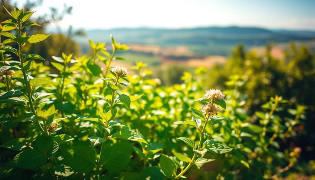 A lush, verdant patch of lemon balm (Melissa officinalis) plants thriving in a sun-dappled garden. Bright green, ovate leaves sway gently in a soft breeze, their delicate, lemony aroma wafting through the air. Clusters of small, white flowers dot the stems, their petals radiating a sense of calm and tranquility. The scene is bathed in warm, golden light, creating a serene, inviting atmosphere. In the background, a blurred landscape of rolling hills and a clear, azure sky completes the calming, natural setting. Captured with a wide-angle lens to emphasize the expansive, serene nature of the scene. A lush, verdant patch of lemon balm (Melissa officinalis) plants thriving in a sun-dappled garden. Bright green, ovate leaves sway gently in a soft breeze, their delicate, lemony aroma wafting through the air. Clusters of small, white flowers dot the stems, their petals radiating a sense of calm and tranquility. The scene is bathed in warm, golden light, creating a serene, inviting atmosphere. In the background, a blurred landscape of rolling hills and a clear, azure sky completes the calming, natural setting. Captured with a wide-angle lens to emphasize the expansive, serene nature of the scene.