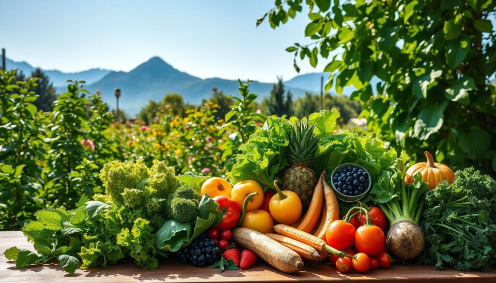 A lush, verdant scene depicting the alkaline diet. In the foreground, an array of vibrant fruits and vegetables - crisp greens, juicy berries, and earthy roots - arranged artfully on a wooden table. The middle ground showcases a serene, sunlit garden filled with thriving plants, their leaves rustling in a gentle breeze. In the background, a peaceful mountainous landscape with towering peaks silhouetted against a clear, azure sky. The lighting is soft and diffused, creating a warm, inviting atmosphere. The overall composition evokes a sense of balance, harmony, and the nourishing power of nature's alkaline-rich bounty. A lush, verdant scene depicting the alkaline diet. In the foreground, an array of vibrant fruits and vegetables - crisp greens, juicy berries, and earthy roots - arranged artfully on a wooden table. The middle ground showcases a serene, sunlit garden filled with thriving plants, their leaves rustling in a gentle breeze. In the background, a peaceful mountainous landscape with towering peaks silhouetted against a clear, azure sky. The lighting is soft and diffused, creating a warm, inviting atmosphere. The overall composition evokes a sense of balance, harmony, and the nourishing power of nature's alkaline-rich bounty.