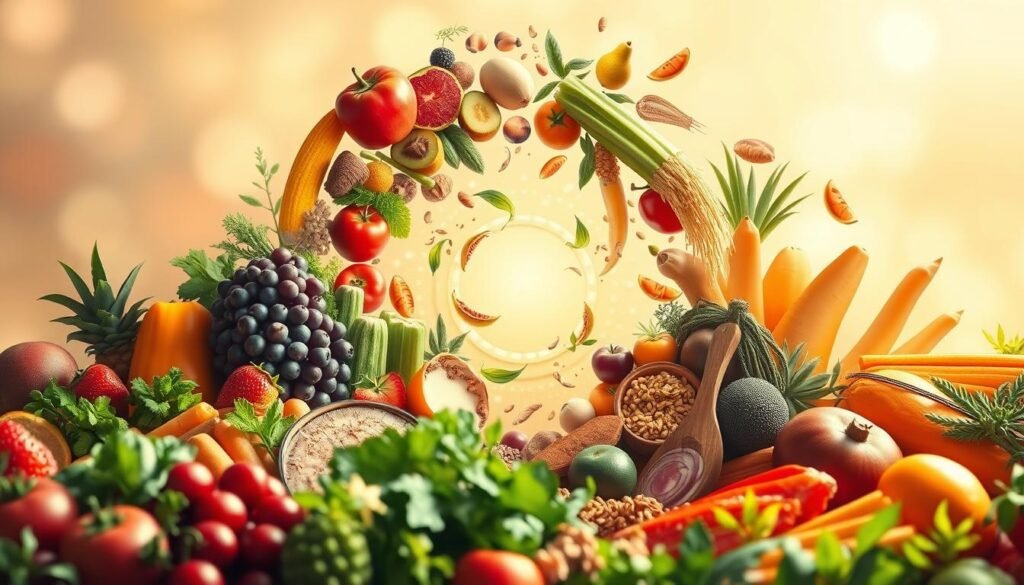A lush, vibrant illustration depicting the nutrition cycle. In the foreground, a diverse array of whole, nutrient-dense foods - fresh fruits, vegetables, whole grains, lean proteins, and healthy fats. In the middle ground, these ingredients swirl and transform, representing the body's metabolic processes. The background features a soft, ethereal glow, highlighting the energy and vitality that proper nutrition provides. The lighting is warm and natural, with a slight depth of field to draw the viewer's focus. The composition is balanced and visually captivating, conveying the harmonious relationship between nutrition and overall wellbeing. A lush, vibrant illustration depicting the nutrition cycle. In the foreground, a diverse array of whole, nutrient-dense foods - fresh fruits, vegetables, whole grains, lean proteins, and healthy fats. In the middle ground, these ingredients swirl and transform, representing the body's metabolic processes. The background features a soft, ethereal glow, highlighting the energy and vitality that proper nutrition provides. The lighting is warm and natural, with a slight depth of field to draw the viewer's focus. The composition is balanced and visually captivating, conveying the harmonious relationship between nutrition and overall wellbeing.