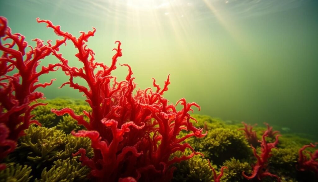 A lush, vibrant underwater scene featuring a close-up view of Chondrus crispus, also known as Irish moss or sea moss. The foreground is dominated by the intricate, translucent fronds of the red seaweed, gently swaying in the current. The middle ground reveals a glimpse of the seafloor, covered in a carpet of verdant moss and kelp. The background is hazy and indistinct, with shafts of golden-hued light filtering through the water, creating a serene, ethereal atmosphere. The lighting is soft and diffused, highlighting the delicate, organic textures of the sea moss. The overall composition conveys the natural beauty and importance of this marine plant. A lush, vibrant underwater scene featuring a close-up view of Chondrus crispus, also known as Irish moss or sea moss. The foreground is dominated by the intricate, translucent fronds of the red seaweed, gently swaying in the current. The middle ground reveals a glimpse of the seafloor, covered in a carpet of verdant moss and kelp. The background is hazy and indistinct, with shafts of golden-hued light filtering through the water, creating a serene, ethereal atmosphere. The lighting is soft and diffused, highlighting the delicate, organic textures of the sea moss. The overall composition conveys the natural beauty and importance of this marine plant.