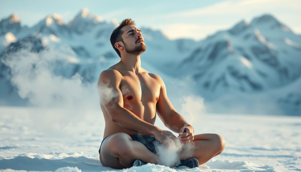 A man, known as the "Iceman", sits cross-legged in a serene, snow-covered landscape, his eyes closed in deep concentration. Wisps of mist swirl around him as he performs the Wim Hof breathing technique, inhaling and exhaling with a rhythmic cadence. The scene is bathed in a soft, natural light, highlighting the man's furrowed brow and the subtle contours of his face. In the background, towering mountains rise up, their peaks capped with glistening snow, conveying a sense of the extreme environment in which the Wim Hof method is practiced. The overall atmosphere is one of tranquility, focus, and the triumph of the human spirit over the challenges of the natural world.