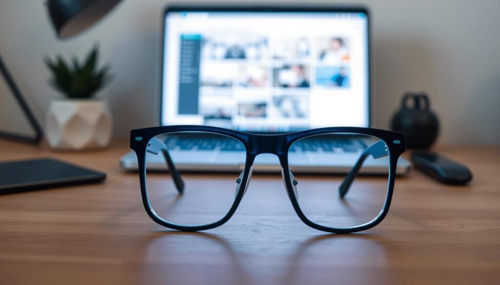 A meticulously arranged still life capturing a "blue light glasses experiment". In the foreground, a pair of modern blue light blocking glasses sits atop a wooden desk, their distinctive frames and lenses casting a soft, ambient glow. In the middle ground, a laptop or tablet displays a bright, digital interface, representing the source of the problematic blue light. Surrounding these elements, a minimalist, studio-like backdrop with neutral tones and gentle, diffused lighting creates a contemplative atmosphere, inviting the viewer to consider the potential benefits of the blue light glasses. The composition emphasizes the contrast between the digital device and the protective eyewear, symbolizing the quest to mitigate the effects of excessive screen time.