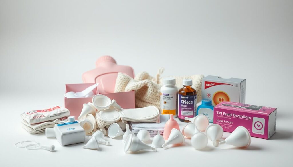 A meticulously crafted still life composition depicting various period-related items on a neutral, minimalist background. In the foreground, an assortment of feminine hygiene products, including tampons, pads, and menstrual cups, arranged in a visually pleasing manner. The middle ground features a hot water bottle, a heating pad, and a bottle of pain medication, symbolizing remedies for cramps and discomfort. In the background, a simple, calming color palette, perhaps shades of white, gray, or soft pastels, creating a serene and soothing atmosphere. Soft, diffused lighting illuminates the scene, enhancing the delicate and intimate nature of the subject matter. The overall composition conveys a sense of understanding, care, and empowerment surrounding the often-taboo topic of menstrual health. A meticulously crafted still life composition depicting various period-related items on a neutral, minimalist background. In the foreground, an assortment of feminine hygiene products, including tampons, pads, and menstrual cups, arranged in a visually pleasing manner. The middle ground features a hot water bottle, a heating pad, and a bottle of pain medication, symbolizing remedies for cramps and discomfort. In the background, a simple, calming color palette, perhaps shades of white, gray, or soft pastels, creating a serene and soothing atmosphere. Soft, diffused lighting illuminates the scene, enhancing the delicate and intimate nature of the subject matter. The overall composition conveys a sense of understanding, care, and empowerment surrounding the often-taboo topic of menstrual health.