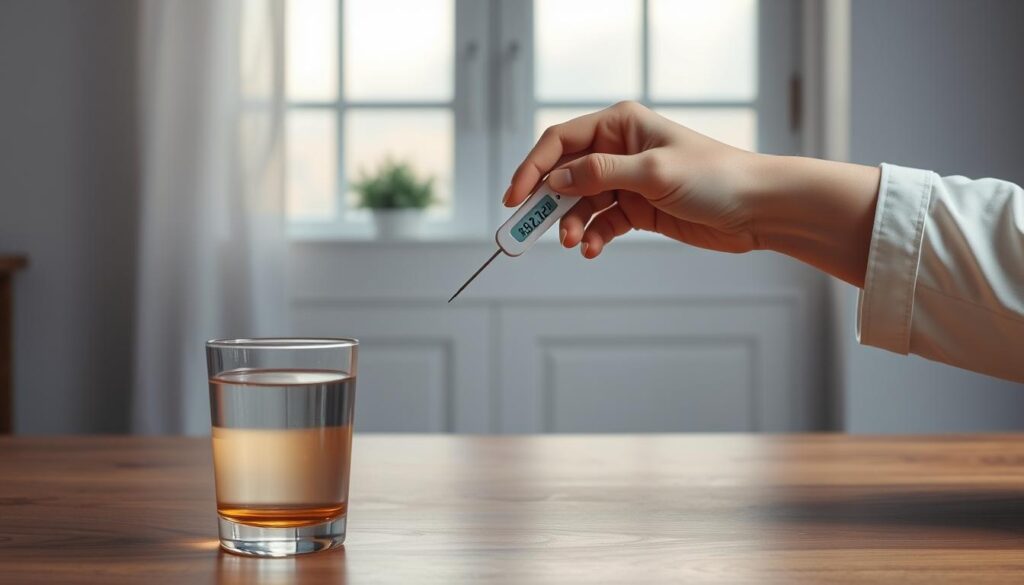 A meticulously crafted still life scene depicting the intricate timing of brown fat activation. In the foreground, a glass of water or warm beverage sits atop a wooden table, conveying the morning or evening setting. Centered within the frame, a human hand holds a thermometer, capturing the precise temperature measurements that reflect the body's circadian rhythms. The background features muted tones, perhaps a softly lit window or a minimalist interior, allowing the central elements to take center stage. Soft, diffused lighting illuminates the scene, creating a sense of tranquility and scientific inquiry. The overall composition strikes a balance between clinical precision and a natural, lived-in atmosphere, inviting the viewer to ponder the delicate interplay between environmental cues and the body's thermogenic responses. A meticulously crafted still life scene depicting the intricate timing of brown fat activation. In the foreground, a glass of water or warm beverage sits atop a wooden table, conveying the morning or evening setting. Centered within the frame, a human hand holds a thermometer, capturing the precise temperature measurements that reflect the body's circadian rhythms. The background features muted tones, perhaps a softly lit window or a minimalist interior, allowing the central elements to take center stage. Soft, diffused lighting illuminates the scene, creating a sense of tranquility and scientific inquiry. The overall composition strikes a balance between clinical precision and a natural, lived-in atmosphere, inviting the viewer to ponder the delicate interplay between environmental cues and the body's thermogenic responses.