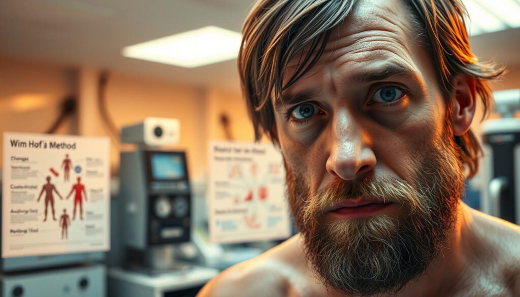 A meticulously rendered scientific study of the Wim Hof Method, showcasing its physiological impacts. In the foreground, a close-up view of Wim Hof's face, his intense gaze conveying the focus and determination that defines his practice. In the middle ground, a detailed diagram depicting the biological mechanisms underlying the method's effects, such as changes in blood composition and autonomic nervous system regulation. In the background, a laboratory setting with state-of-the-art equipment, suggesting the rigorous research being conducted to understand this innovative approach to health and wellness. Soft, warm lighting illuminates the scene, creating an atmosphere of scholarly inquiry and discovery.