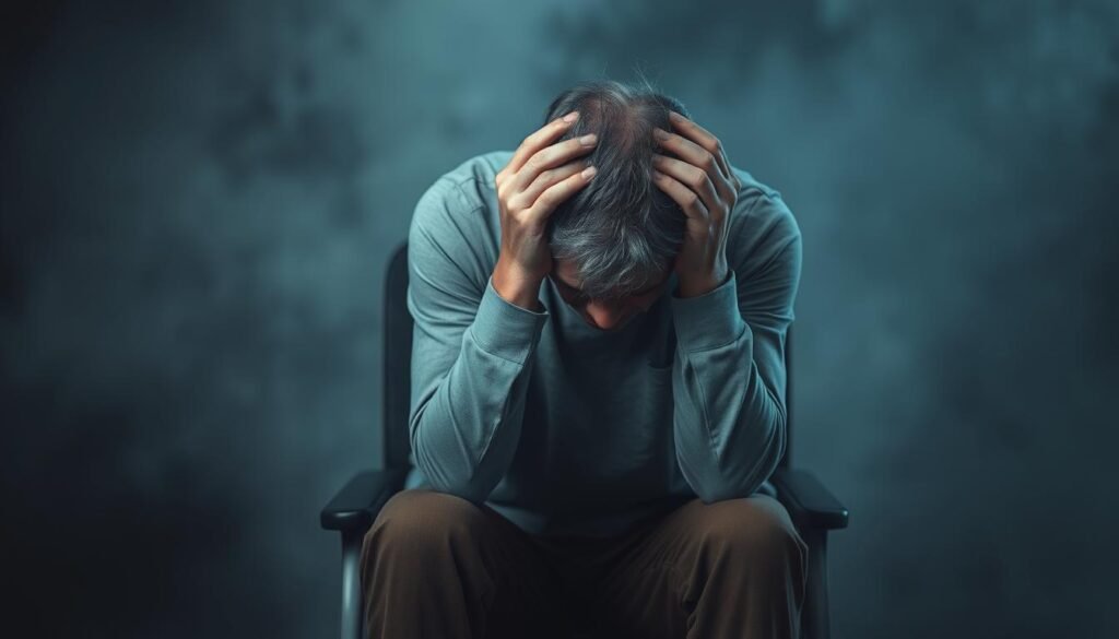 A middle-aged person sits hunched on a chair, shoulders slumped, head bowed, hands clutching their temples. The figure is enveloped in a moody, hazy atmosphere, with a sense of weight and oppression radiating from the scene. The background is blurred, suggesting a nondescript, dimly lit interior, further emphasizing the subject's isolation and struggle. Soft, muted tones of gray, blue, and brown dominate the palette, conveying a somber, introspective mood. The lighting is low-key, casting shadows that accentuate the figure's posture and the tension in their body. The overall composition and mood evoke a powerful sense of stress, anxiety, and the mental and physical burden that can accompany an overwhelming situation.