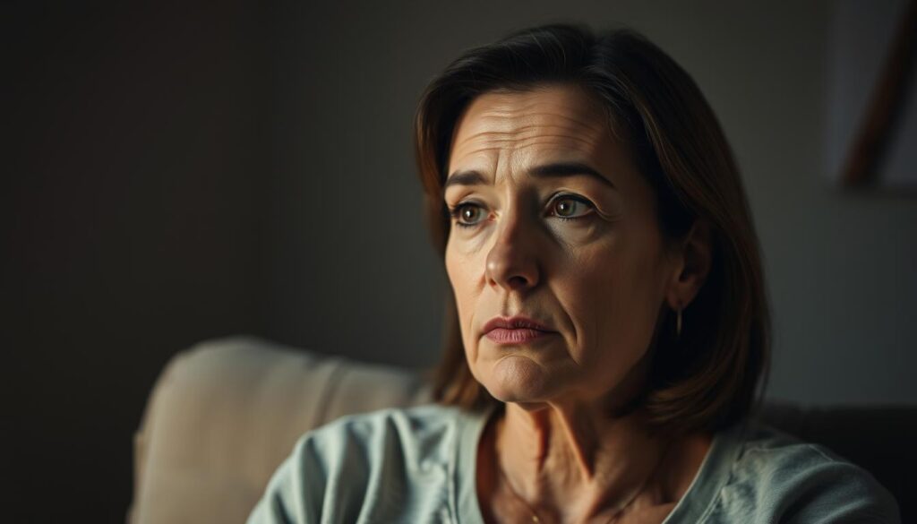 A middle-aged woman in her 30s, with a thoughtful expression, sitting in a dimly lit room. Soft, warm lighting illuminates her face, casting gentle shadows that accentuate the subtle changes in her skin. The background is slightly blurred, creating a sense of introspection and quiet contemplation. Her gaze is slightly distant, as if she is reflecting on the unexpected transition of perimenopause, a natural but often misunderstood phase of a woman's life. The scene conveys a mood of exploration, acceptance, and the quiet resilience of a woman navigating this new chapter.