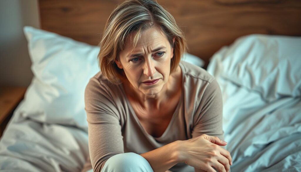A middle-aged woman sits on the edge of her bed, her face etched with fatigue and worry. Her expression conveys the subtle, yet persistent, symptoms of perimenopause - hot flashes, mood swings, and irregular periods. The lighting is soft and warm, creating a sense of introspection and vulnerability. The background is gently blurred, keeping the focus on the woman's pensive gaze, her hands resting on her lap, and the rumpled bedsheets that symbolize the disruption to her sleep and daily routine. The overall mood is one of quiet contemplation, capturing the often overlooked, early signs of this transformative stage of a woman's life.