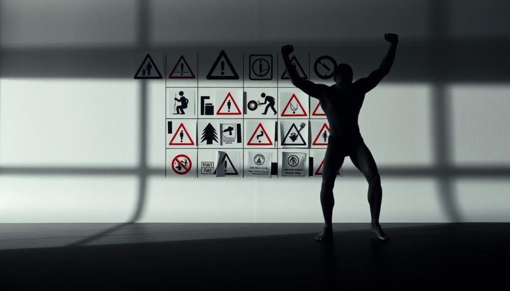 A minimalist, high-contrast scene depicting the risks of physical injury. In the foreground, a human figure in a dynamic pose, with limbs outstretched, conveying a sense of strain and potential damage. In the middle ground, a grid of ominous warning symbols and danger signs, suggesting the consequences of improper form or overexertion. The background is a muted, monochromatic backdrop, allowing the central elements to stand out sharply. Dramatic lighting casts long shadows, creating a sense of depth and tension. The overall mood is one of caution and awareness, encouraging the viewer to approach strength training with thoughtfulness and care.