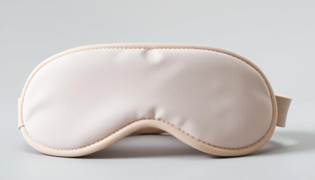 A minimalist, high-quality sleep mask in a neutral color, with a soft, plush fabric and an adjustable strap for a comfortable fit. The mask sits gently on the face, blocking out all ambient light to create a deep, restful sleep environment. Subtle stitching and a sleek, modern design give the mask a premium, luxurious appearance. Photographed against a plain, muted background with soft, diffused lighting to highlight the mask's texture and form. A minimalist, high-quality sleep mask in a neutral color, with a soft, plush fabric and an adjustable strap for a comfortable fit. The mask sits gently on the face, blocking out all ambient light to create a deep, restful sleep environment. Subtle stitching and a sleek, modern design give the mask a premium, luxurious appearance. Photographed against a plain, muted background with soft, diffused lighting to highlight the mask's texture and form.