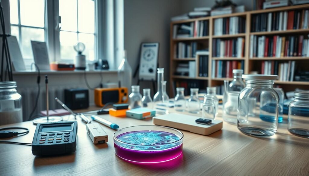 A minimalist home laboratory with an array of scientific equipment and glassware, illuminated by soft, natural lighting that filters through a large window. In the foreground, a petri dish filled with a vibrant, glowing culture sits on a clean, wooden workbench. In the middle ground, various tools and gadgets, including a digital multimeter, a 3D-printed device, and a small centrifuge, suggest an atmosphere of experimentation and discovery. The background features a bookshelf filled with medical and scientific reference materials, creating a sense of informed, DIY biohacking. A minimalist home laboratory with an array of scientific equipment and glassware, illuminated by soft, natural lighting that filters through a large window. In the foreground, a petri dish filled with a vibrant, glowing culture sits on a clean, wooden workbench. In the middle ground, various tools and gadgets, including a digital multimeter, a 3D-printed device, and a small centrifuge, suggest an atmosphere of experimentation and discovery. The background features a bookshelf filled with medical and scientific reference materials, creating a sense of informed, DIY biohacking.