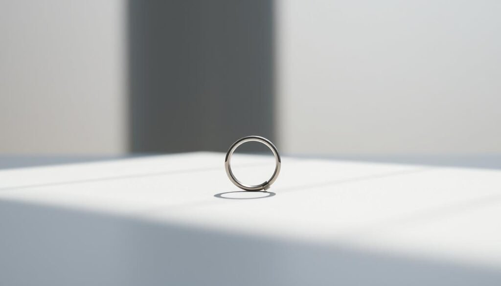 A minimalist product shot of the Oura Ring against a muted, contemplative background. The ring is centered, casting faint shadows, illuminated by soft, natural lighting that highlights its sleek, titanium design. The foreground has a clean, uncluttered aesthetic, while the middle ground features a simple, textured surface, conveying a sense of thoughtfulness and focus. The background is hazy, with subtle gradients that evoke a sense of balance, encouraging the viewer to weigh the pros and cons of this advanced health-tracking wearable.