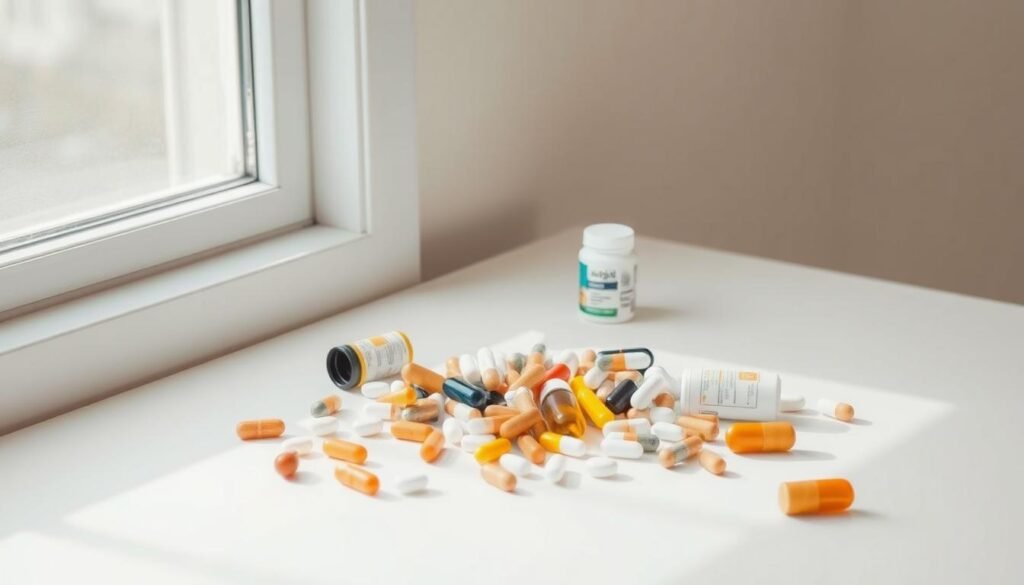 A minimalist still life of various dietary supplements haphazardly scattered on a plain, uncluttered surface, illuminated by soft, diffused natural light from a window. The supplements should be a diverse assortment, including common PCOS-related ingredients like inositol, omega-3s, and antioxidants, conveying the message that a comprehensive supplement regimen is not necessary to manage PCOS. The overall composition should feel deliberately simple and understated, with a serene, pared-down aesthetic to visually reinforce the idea that a complex supplement routine is a myth when it comes to PCOS dietary management. A minimalist still life of various dietary supplements haphazardly scattered on a plain, uncluttered surface, illuminated by soft, diffused natural light from a window. The supplements should be a diverse assortment, including common PCOS-related ingredients like inositol, omega-3s, and antioxidants, conveying the message that a comprehensive supplement regimen is not necessary to manage PCOS. The overall composition should feel deliberately simple and understated, with a serene, pared-down aesthetic to visually reinforce the idea that a complex supplement routine is a myth when it comes to PCOS dietary management.