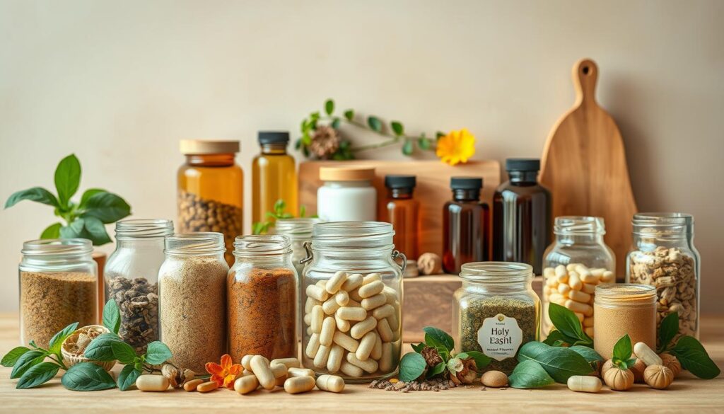 A modern, minimalist still life scene featuring an assortment of high-quality herbal supplements in earthy, natural tones. The foreground showcases several glass jars and bottles filled with various powders, tinctures, and capsules, arranged in a visually appealing manner. The middle ground includes a wooden display stand or table, with carefully placed sprigs of fresh herbs and flowers, such as holy basil, gotu kola, and brahmi. The background features a simple, neutral-colored wall or backdrop, allowing the supplements and natural elements to take center stage. The overall lighting is soft and diffused, creating a calming, professional atmosphere that emphasizes the quality and purity of the supplements. The composition is balanced, with a focus on clean lines, natural textures, and a color palette that evokes a sense of health and wellness.