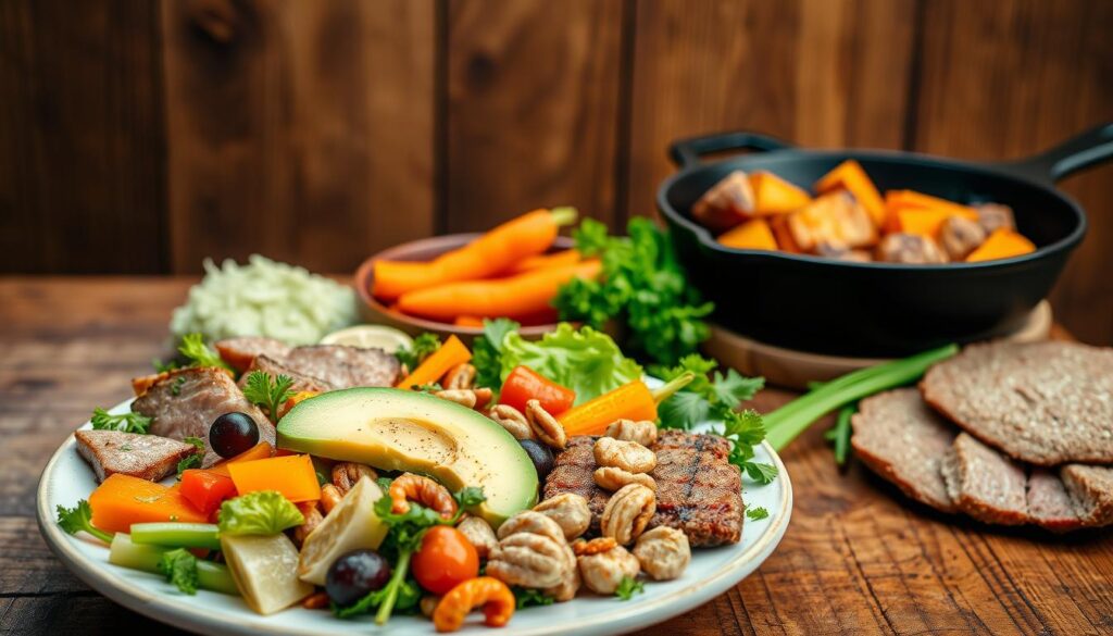 A mouth-watering spread of paleo-friendly foods against a rustic wooden background. In the foreground, a plate showcases an assortment of fresh vegetables, lean meats, and healthy fats such as avocado and nuts. The middle ground features a cast-iron skillet sizzling with roasted root vegetables, while the background captures a lush forest setting, hinting at the natural, whole-food origins of the paleo diet. Warm, earthy tones and soft, directional lighting create an inviting, cozy atmosphere, emphasizing the wholesome, nutrient-rich nature of this ancestral way of eating.