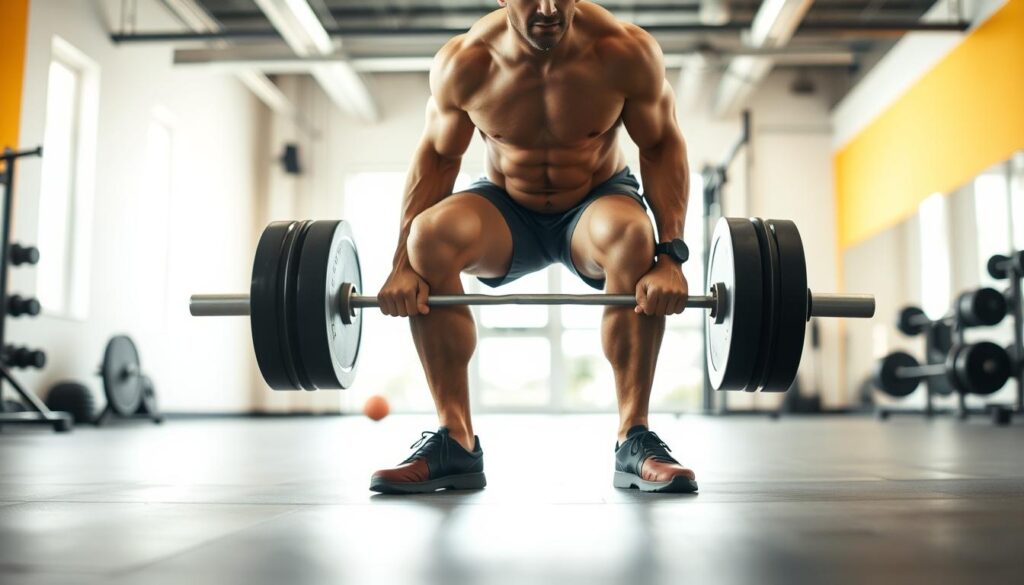 A muscular person performing a functional, compound exercise like a deadlift in a bright, airy gym. The foreground shows the person's powerful, engaged core and leg muscles as they lift a heavy barbell from the floor. The middle ground captures the person's determined facial expression and natural, fluid movement. The background is blurred, emphasizing the focus and effort of the exercise. Warm, directional lighting highlights the subject's physique and the textures of their clothing and the gym equipment. The overall scene conveys a sense of everyday strength, discipline, and the practical benefits of functional training.