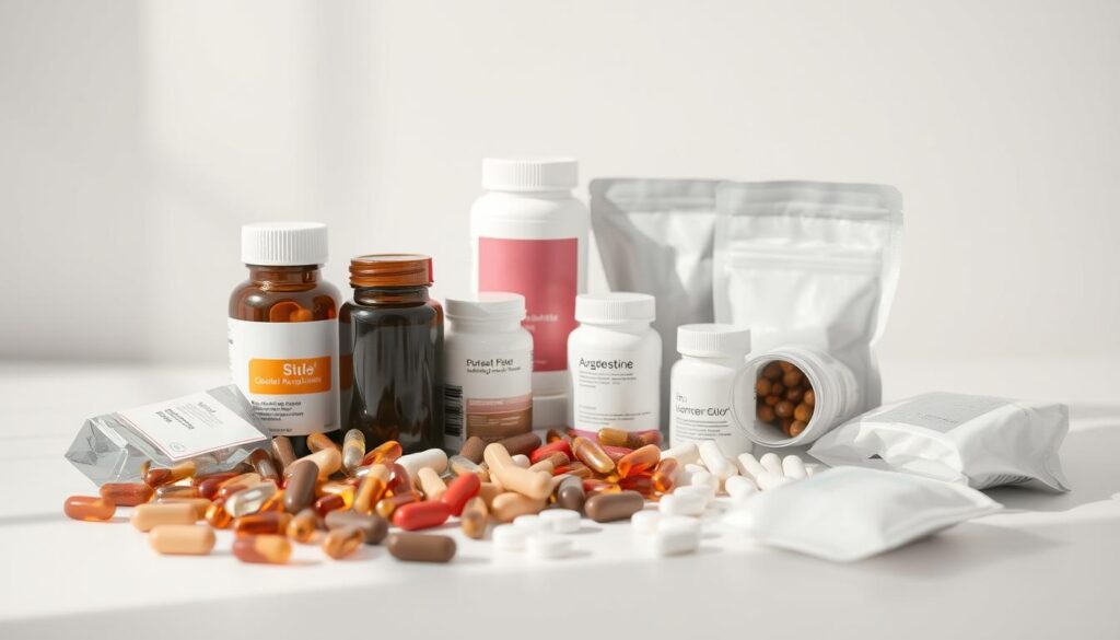 A neatly arranged selection of various dietary supplements, including capsules, tablets, and powder sachets, set against a clean, bright background. The lighting is soft and diffused, creating a natural, inviting atmosphere. The supplements are presented in an organized, visually appealing manner, highlighting their purpose and potential benefits. The overall composition emphasizes the role of targeted supplementation in a healthy, balanced lifestyle, complementing the nutritional value of whole foods. A neatly arranged selection of various dietary supplements, including capsules, tablets, and powder sachets, set against a clean, bright background. The lighting is soft and diffused, creating a natural, inviting atmosphere. The supplements are presented in an organized, visually appealing manner, highlighting their purpose and potential benefits. The overall composition emphasizes the role of targeted supplementation in a healthy, balanced lifestyle, complementing the nutritional value of whole foods.