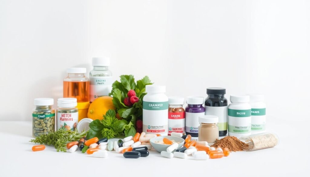 A neatly arranged still life showcasing a variety of health supplements against a clean, minimalist background. In the foreground, various capsules, tablets, and powders are displayed in an orderly fashion, representing a diverse range of vitamins, minerals, and herbal remedies. The middle ground features a few carefully selected fresh produce items, such as leafy greens and berries, to suggest the importance of combining supplements with a nutrient-dense diet. The background is softly lit, with gentle shadows and highlights that create a sense of depth and balance. The overall mood is one of simplicity, professionalism, and the idea that supplements can serve as valuable support when a healthy, whole-food diet alone is not enough. A neatly arranged still life showcasing a variety of health supplements against a clean, minimalist background. In the foreground, various capsules, tablets, and powders are displayed in an orderly fashion, representing a diverse range of vitamins, minerals, and herbal remedies. The middle ground features a few carefully selected fresh produce items, such as leafy greens and berries, to suggest the importance of combining supplements with a nutrient-dense diet. The background is softly lit, with gentle shadows and highlights that create a sense of depth and balance. The overall mood is one of simplicity, professionalism, and the idea that supplements can serve as valuable support when a healthy, whole-food diet alone is not enough.