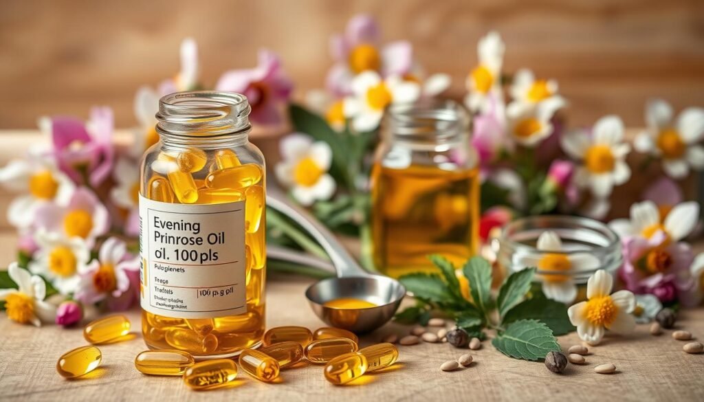 A neatly arranged still life showcasing various forms of evening primrose oil supplements. In the foreground, a glass bottle filled with golden primrose oil capsules, its label clearly displaying the dosage information. In the middle ground, a set of measuring spoons and a small glass jar, suggesting the liquid oil form. The background features an artfully scattered assortment of primrose flowers, leaves, and seeds, creating a natural, botanical ambiance. The lighting is soft and warm, accentuating the rich, earthy tones of the scene. Captured with a shallow depth of field, the image focuses the viewer's attention on the key details of primrose oil dosage and forms. A neatly arranged still life showcasing various forms of evening primrose oil supplements. In the foreground, a glass bottle filled with golden primrose oil capsules, its label clearly displaying the dosage information. In the middle ground, a set of measuring spoons and a small glass jar, suggesting the liquid oil form. The background features an artfully scattered assortment of primrose flowers, leaves, and seeds, creating a natural, botanical ambiance. The lighting is soft and warm, accentuating the rich, earthy tones of the scene. Captured with a shallow depth of field, the image focuses the viewer's attention on the key details of primrose oil dosage and forms.