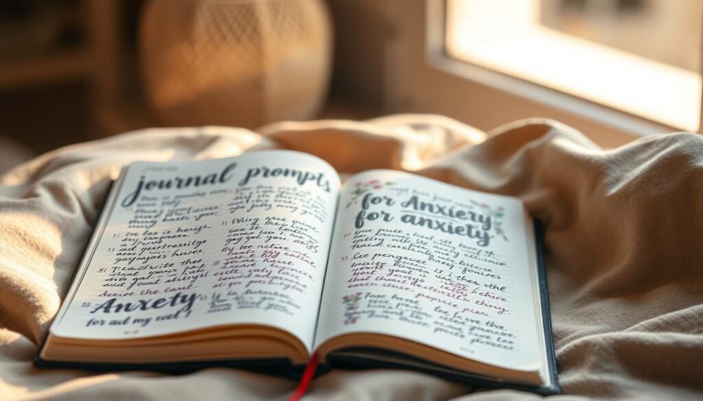 A neatly organized journal with an open page, the words "Journal Prompts for Anxiety" written in a flowing script across the top. The pages are filled with handwritten prompts in a variety of pen colors, each prompt surrounded by delicate floral illustrations. The journal sits on a soft, neutral-toned fabric, illuminated by warm, natural lighting from a window. The composition is balanced, with the journal in the foreground and a blurred, calming background suggesting a cozy, peaceful setting. The overall mood is one of mindfulness, introspection, and a sense of finding solace through the written word. A neatly organized journal with an open page, the words "Journal Prompts for Anxiety" written in a flowing script across the top. The pages are filled with handwritten prompts in a variety of pen colors, each prompt surrounded by delicate floral illustrations. The journal sits on a soft, neutral-toned fabric, illuminated by warm, natural lighting from a window. The composition is balanced, with the journal in the foreground and a blurred, calming background suggesting a cozy, peaceful setting. The overall mood is one of mindfulness, introspection, and a sense of finding solace through the written word.
