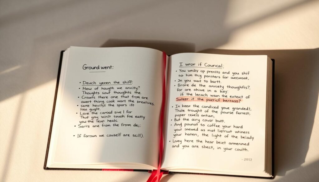 A neatly organized open journal with handwritten CBT-based prompts on the pages, set against a soft, calming background. Warm, natural lighting casts gentle shadows, creating a reflective, introspective atmosphere. The prompts guide the reader to shift from anxious thoughts to practical, grounded actions. Subtle textures in the paper and binding add depth and tactility. The composition emphasizes the journal's role as a tool for self-exploration and personal growth, inviting the viewer to engage with the therapeutic process. A neatly organized open journal with handwritten CBT-based prompts on the pages, set against a soft, calming background. Warm, natural lighting casts gentle shadows, creating a reflective, introspective atmosphere. The prompts guide the reader to shift from anxious thoughts to practical, grounded actions. Subtle textures in the paper and binding add depth and tactility. The composition emphasizes the journal's role as a tool for self-exploration and personal growth, inviting the viewer to engage with the therapeutic process.