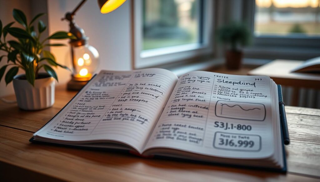A neatly organized sleep diary laid open on a wooden desk, illuminated by warm, diffused lighting. The pages display handwritten notes, sleep data charts, and small doodles in the margins. The background is a cozy, minimalist home office setting, with a potted plant, a vintage desk lamp, and a large window overlooking a peaceful outdoor scene. The overall mood is one of introspection and thoughtful self-reflection, inviting the viewer to imagine how reviewing this sleep diary could lead to improved rest and well-being. A neatly organized sleep diary laid open on a wooden desk, illuminated by warm, diffused lighting. The pages display handwritten notes, sleep data charts, and small doodles in the margins. The background is a cozy, minimalist home office setting, with a potted plant, a vintage desk lamp, and a large window overlooking a peaceful outdoor scene. The overall mood is one of introspection and thoughtful self-reflection, inviting the viewer to imagine how reviewing this sleep diary could lead to improved rest and well-being.