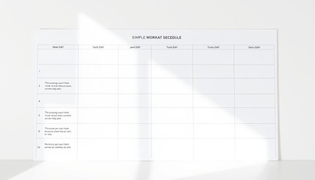 A neatly organized weekly workout schedule with a simple "minutes per day" plan, set against a serene, minimalist background. The layout features a clean grid layout with simple icons and concise text, conveying a sense of structure and efficiency. Soft, natural lighting illuminates the schedule, creating a calming, motivational atmosphere. The overall composition is visually appealing and easy to understand, perfectly suited to illustrate the "How to start today: a simple, sustainable weekly plan" section of the article.