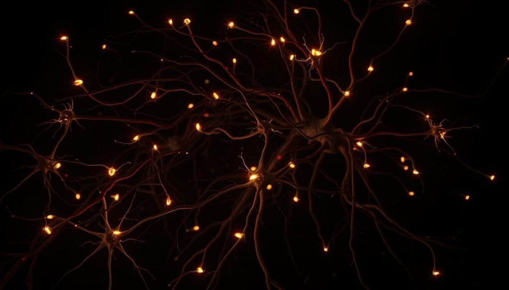 A nervous system under stress, depicted as a tangle of synaptic pathways pulsing with erratic electrical impulses. Glowing neural receptors flare against a shadowy backdrop, conveying the unsettled, hyper-vigilant state of the subject. Dramatic chiaroscuro lighting casts dramatic shadows, evoking a sense of unease and discomfort. The composition is tight and claustrophobic, with the nervous system filling the frame and leaving little negative space. An unsettling, uneasy atmosphere pervades the scene, reflecting the internal turmoil and fragility of the human condition under duress. A nervous system under stress, depicted as a tangle of synaptic pathways pulsing with erratic electrical impulses. Glowing neural receptors flare against a shadowy backdrop, conveying the unsettled, hyper-vigilant state of the subject. Dramatic chiaroscuro lighting casts dramatic shadows, evoking a sense of unease and discomfort. The composition is tight and claustrophobic, with the nervous system filling the frame and leaving little negative space. An unsettling, uneasy atmosphere pervades the scene, reflecting the internal turmoil and fragility of the human condition under duress.