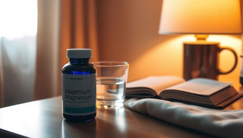A nightstand holding a bottle of transdermal magnesium supplement, a glass of water, and a journal. The scene is bathed in warm, golden light from a table lamp, creating a serene, sleep-inducing atmosphere. The magnesium bottle and glass are in focus, highlighting their role in the "no-pill, science-backed way to wind down tonight". The journal in the background suggests the importance of relaxation and mindfulness practices for better sleep. The overall composition conveys a sense of tranquility and the promise of a restful night's sleep. A nightstand holding a bottle of transdermal magnesium supplement, a glass of water, and a journal. The scene is bathed in warm, golden light from a table lamp, creating a serene, sleep-inducing atmosphere. The magnesium bottle and glass are in focus, highlighting their role in the "no-pill, science-backed way to wind down tonight". The journal in the background suggests the importance of relaxation and mindfulness practices for better sleep. The overall composition conveys a sense of tranquility and the promise of a restful night's sleep.