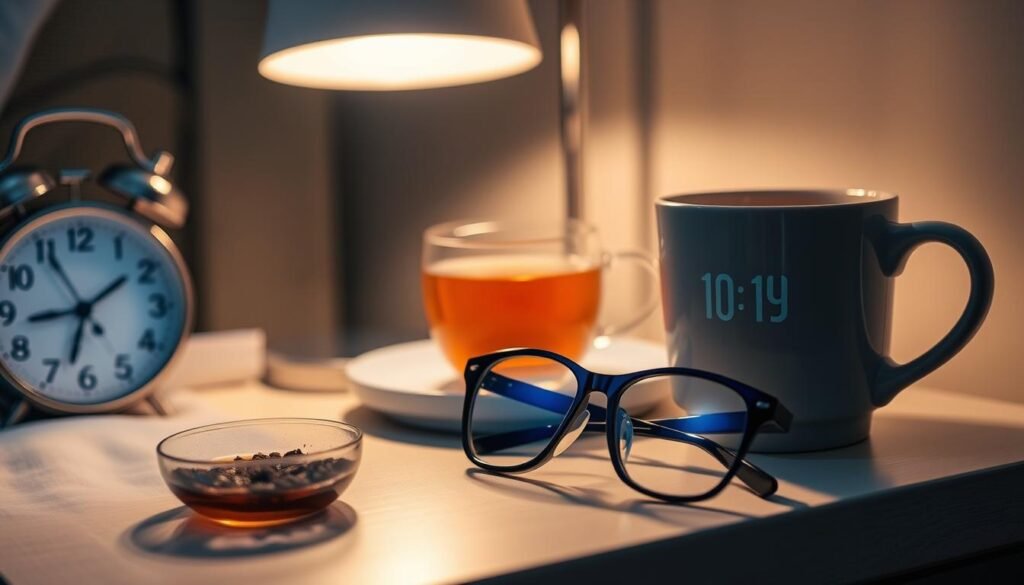 A nightstand with a pair of blue light-blocking glasses, a digital alarm clock, and a cup of herbal tea, all bathed in a warm, soothing glow from a table lamp. The glasses are positioned prominently, their lenses reflecting the soft light, suggesting their role in promoting restful sleep. The calm, muted tones and the arrangement of the objects create a serene, sleep-inducing atmosphere, hinting at the potential benefits of using blue light glasses for improved sleep quality.