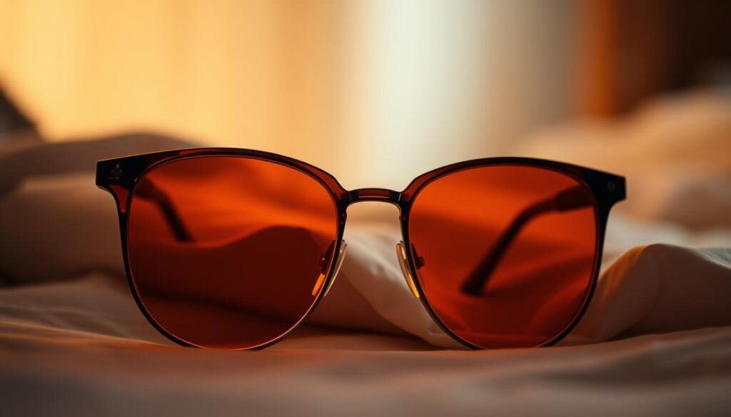 A pair of tinted eyeglasses, the lenses softly glowing in a warm, amber hue. The frames are sleek and minimal, with a modern, low-profile design. The lenses have a subtle gradient, fading from a deep, burnished orange at the top to a lighter, more translucent shade at the bottom. The glasses are positioned against a backdrop of a serene, dimly lit environment, perhaps a bedside table or nightstand, creating a cozy, relaxing atmosphere. The lighting is gentle and diffused, accentuating the lens tint and evoking a sense of tranquility and rest. A pair of tinted eyeglasses, the lenses softly glowing in a warm, amber hue. The frames are sleek and minimal, with a modern, low-profile design. The lenses have a subtle gradient, fading from a deep, burnished orange at the top to a lighter, more translucent shade at the bottom. The glasses are positioned against a backdrop of a serene, dimly lit environment, perhaps a bedside table or nightstand, creating a cozy, relaxing atmosphere. The lighting is gentle and diffused, accentuating the lens tint and evoking a sense of tranquility and rest.