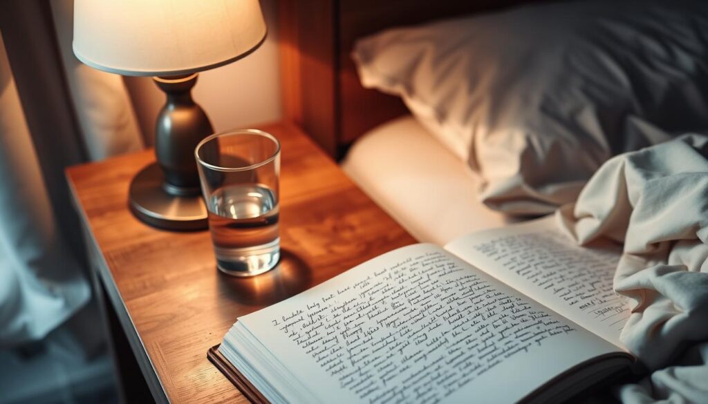 A peaceful bedroom scene with a wooden bedside table, a glass of water, and an open journal. The journal's pages are filled with handwritten notes, reflecting the personal journey of sleep diary keeping. Soft, warm lighting from a desk lamp casts a cozy glow, creating an atmosphere of introspection and self-care. The composition emphasizes the centrality of the sleep diary, subtly conveying its transformative power in the transition from restless nights to rested mornings. The scene evokes a sense of tranquility and personal growth, in line with the article's subject and section title. A peaceful bedroom scene with a wooden bedside table, a glass of water, and an open journal. The journal's pages are filled with handwritten notes, reflecting the personal journey of sleep diary keeping. Soft, warm lighting from a desk lamp casts a cozy glow, creating an atmosphere of introspection and self-care. The composition emphasizes the centrality of the sleep diary, subtly conveying its transformative power in the transition from restless nights to rested mornings. The scene evokes a sense of tranquility and personal growth, in line with the article's subject and section title.