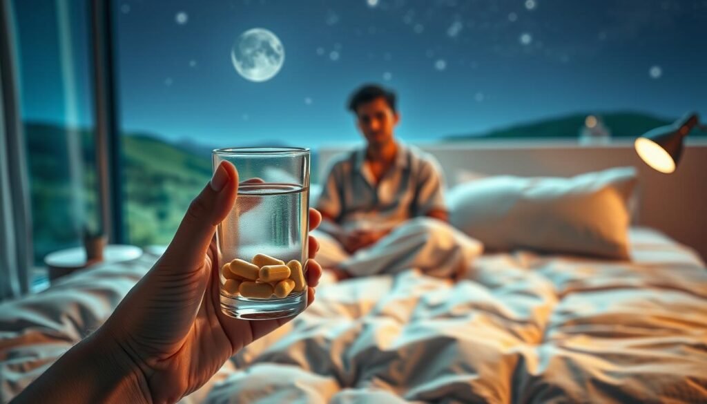A peaceful bedtime scene, a person taking ashwagandha supplements, surrounded by natural sleep-inducing elements. Soft, warm lighting illuminates the scene, creating a calming atmosphere. In the foreground, a hand holds a glass of water and ashwagandha capsules, ready for consumption. In the middle ground, the person sits comfortably on a plush bedding, wearing comfortable sleepwear. The background features a serene landscape, with a soothing night sky, lush greenery, and tranquil nature sounds. The overall composition conveys a sense of relaxation and mindfulness, reflecting the potential benefits of ashwagandha for anxiety and sleep.