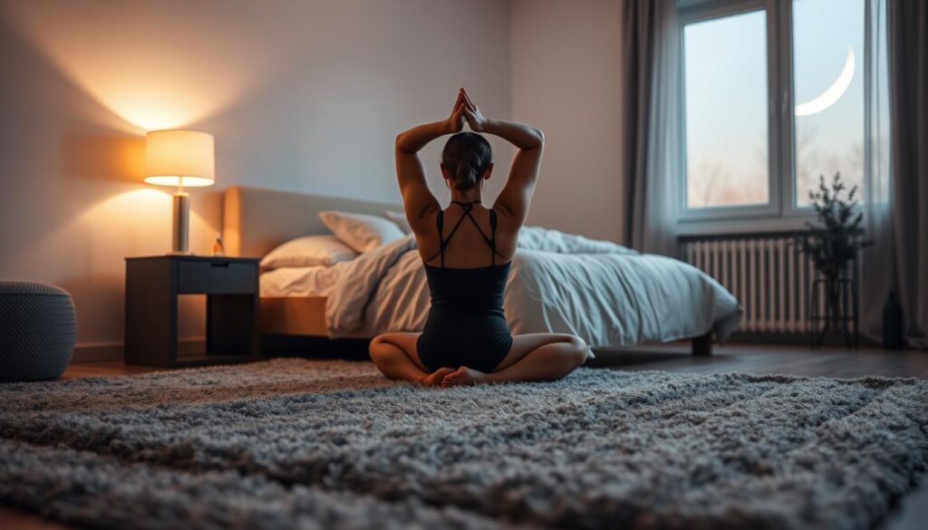 A peaceful, dimly lit bedroom at bedtime. In the foreground, a person sitting cross-legged on a plush, calming gray rug, performing a gentle, stretching routine. Soft, warm lighting from a bedside lamp creates a relaxing atmosphere. The middle ground features a comfortable-looking bed with crisp, white linens and a plush, gray comforter. In the background, a large window allows in the soft glow of a crescent moon, casting a serene, ambient light. An air of tranquility and restfulness permeates the scene, setting the stage for a restorative night's sleep. A peaceful, dimly lit bedroom at bedtime. In the foreground, a person sitting cross-legged on a plush, calming gray rug, performing a gentle, stretching routine. Soft, warm lighting from a bedside lamp creates a relaxing atmosphere. The middle ground features a comfortable-looking bed with crisp, white linens and a plush, gray comforter. In the background, a large window allows in the soft glow of a crescent moon, casting a serene, ambient light. An air of tranquility and restfulness permeates the scene, setting the stage for a restorative night's sleep.