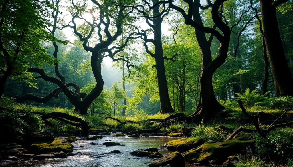 A peaceful forest glade bathed in soft, diffused morning light. In the foreground, a meandering stream flows gently over mossy rocks, its surface reflecting the verdant foliage above. The middle ground is dominated by tall, ancient trees with twisted, gnarled trunks and a lush canopy of emerald leaves. Dappled sunlight filters through the branches, casting intricate patterns on the forest floor covered in a carpet of ferns and wildflowers. The background fades into a hazy, dreamlike distance, suggesting the boundless expanse of the natural world. An atmosphere of tranquility and contemplation pervades the scene, inviting the viewer to immerse themselves in the restorative power of nature. A peaceful forest glade bathed in soft, diffused morning light. In the foreground, a meandering stream flows gently over mossy rocks, its surface reflecting the verdant foliage above. The middle ground is dominated by tall, ancient trees with twisted, gnarled trunks and a lush canopy of emerald leaves. Dappled sunlight filters through the branches, casting intricate patterns on the forest floor covered in a carpet of ferns and wildflowers. The background fades into a hazy, dreamlike distance, suggesting the boundless expanse of the natural world. An atmosphere of tranquility and contemplation pervades the scene, inviting the viewer to immerse themselves in the restorative power of nature.